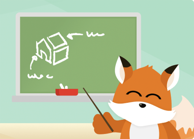 Floxie作为老师，在粉笔板上指着。