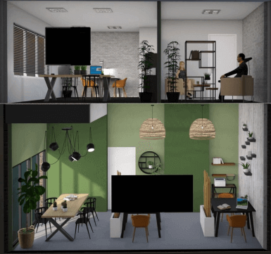 建筑中各种房间的正面3D渲染。