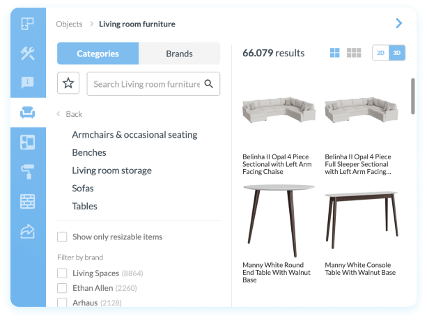 Floorplanner模型库中客厅家具的屏幕截图