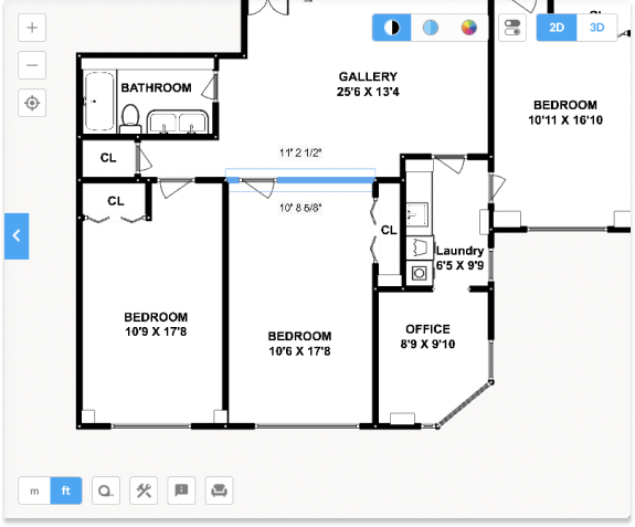 Floorplanner 工具中的 2D 平面图截图,选择一堵墙