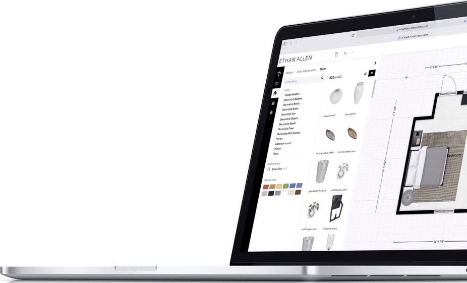 一台使用Floorplanner的笔记本电脑，显示用于室内设计的产品列表。